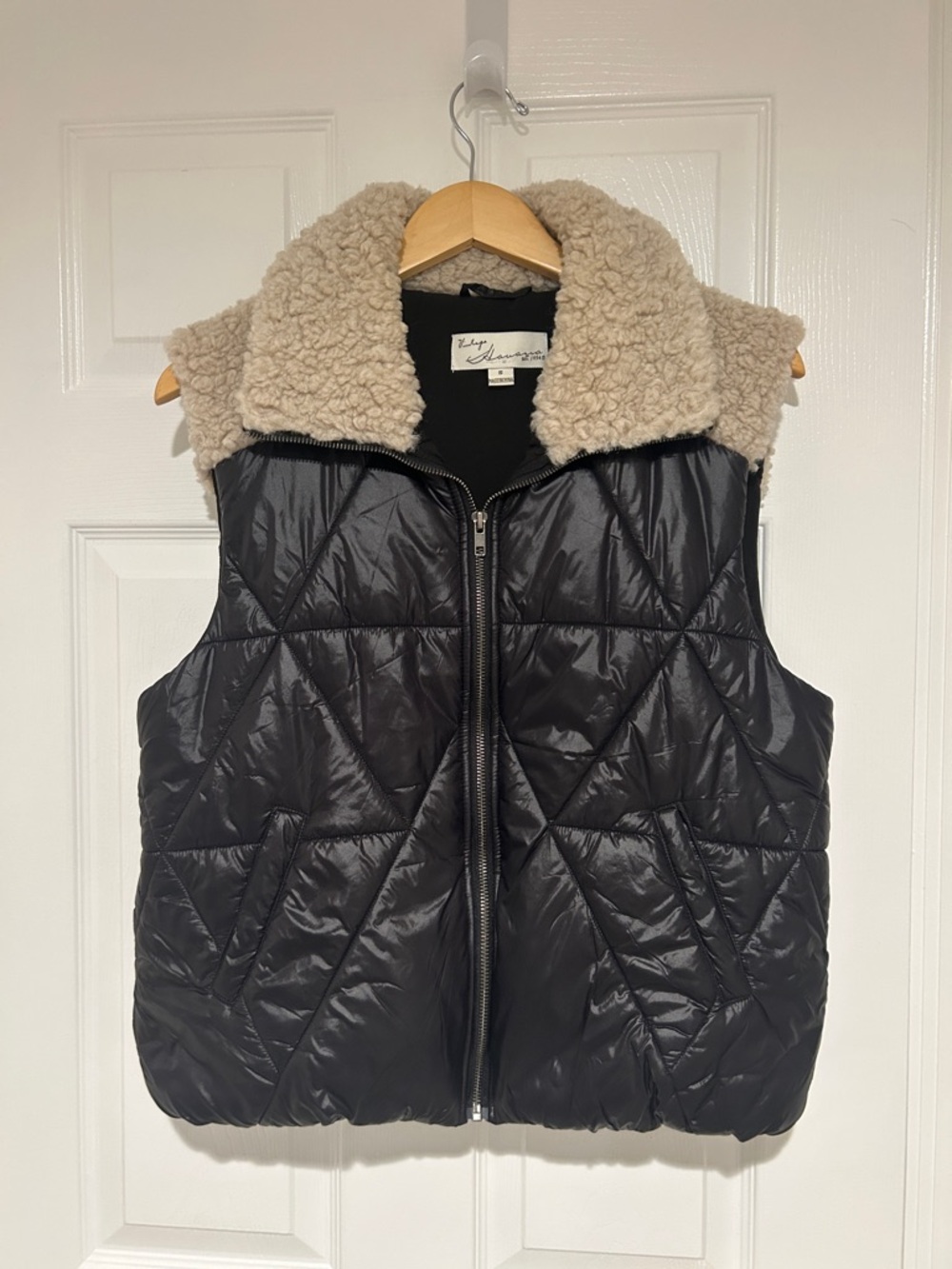 Vintage Havana Black Puffer Vest with Cream Sherpa Collar. Size small.